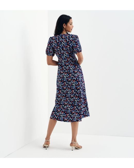 Finery London Blue Robyn Button Through V-Neck Midi Dress