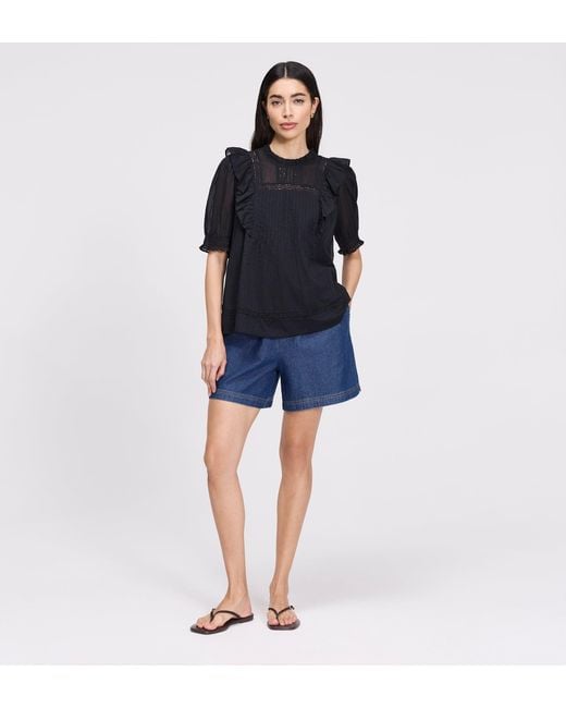 Finery London Black Jolin Lace Cotton Puff Sleeve Top