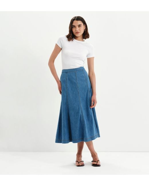 Finery London Blue Dana Denim Flare A-Line Midi Skirt