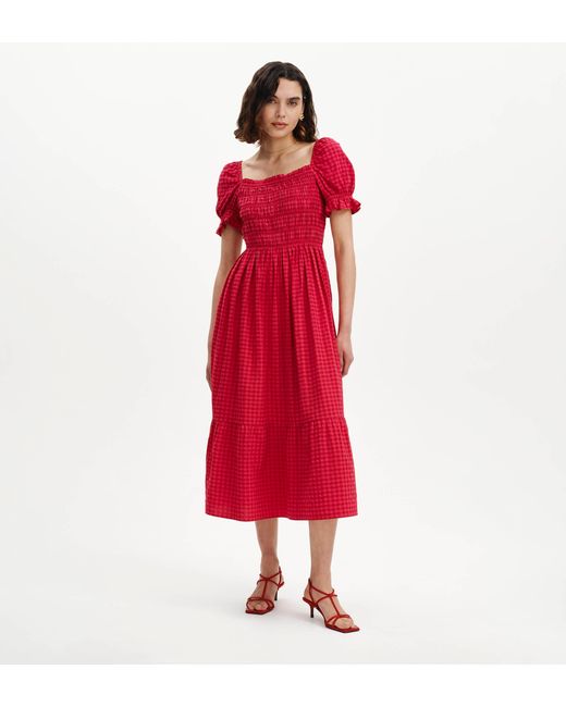 Finery London Dawn Gingham Seersucker Shirred Bodice Midi Dress