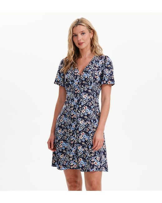 Finery London Blue Orlagh Button-Through V-Neck Short Dress