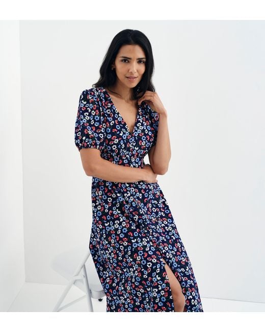 Finery London Blue Robyn Button Through V-Neck Midi Dress