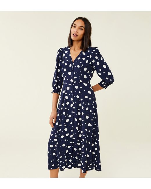 Finery London Blue Norla Polka Dot Crepe Midi Dress