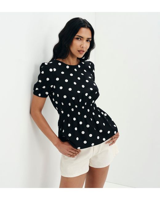 Finery London Blue Raya Polka Dot Cotton Puff Sleeve Elasticated Waist Top