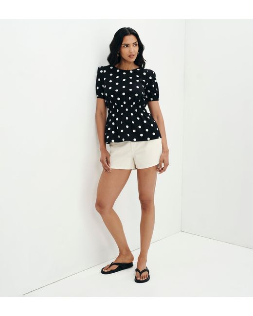 Finery London Blue Raya Polka Dot Cotton Puff Sleeve Elasticated Waist Top