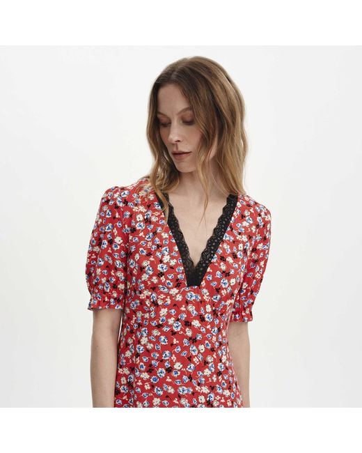 Finery London Red Elish Lace Trim Puff Sleeve Midi Dress