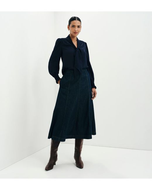 Finery London Blue Mavis Pussy Bow Button-Through Blouse