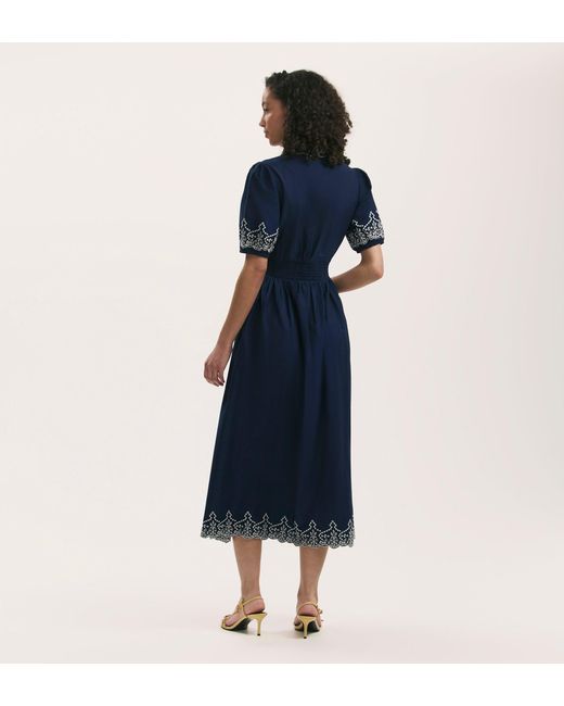 Finery London Blue Arianna Embroidered Cotton Midi Dress