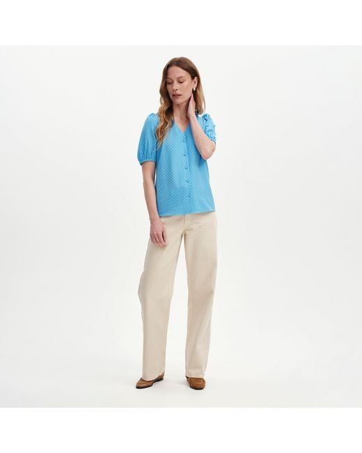 Finery London Blue Fleur Polka Dot Puff Sleeve Button-Through Top