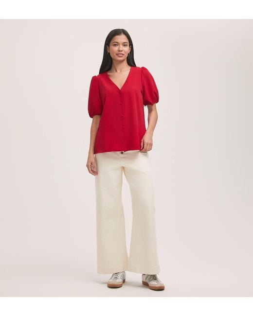 Finery London Red Fleur Crepe Short Sleeve Button Up Blouse
