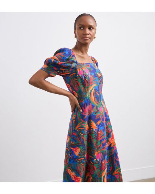 Finery London Blue Daisy Linen Blend Midi Dress