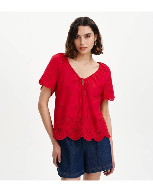 Finery London Red Ruthie Floral Broderie Cotton Tie Neck Top