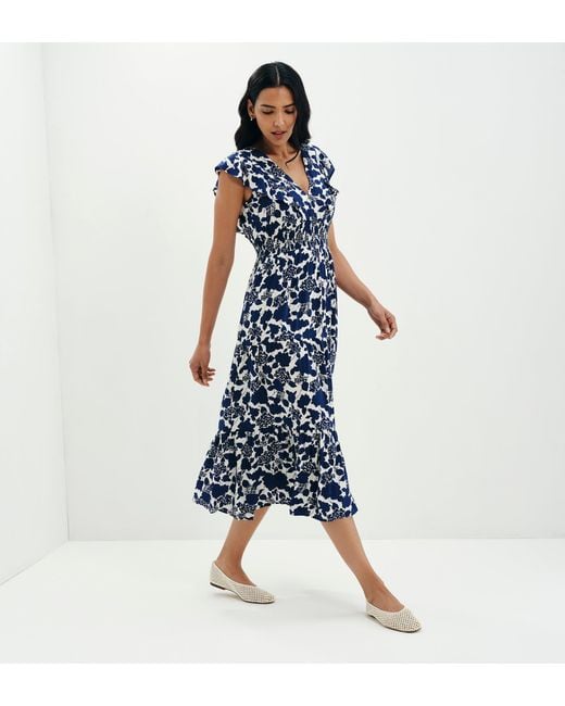 Finery London Blue Mattie Frill Sleeve Empire Waist Tiered Midi Dress