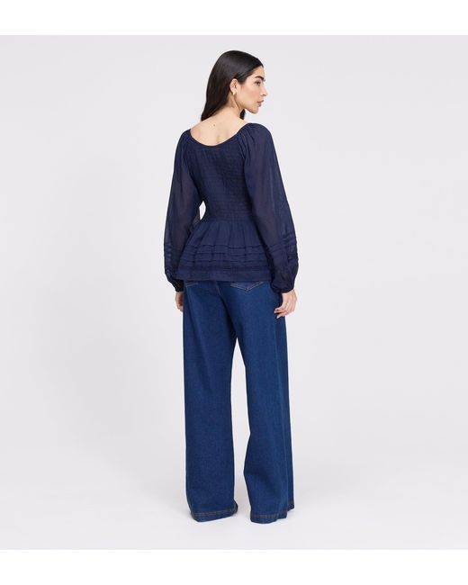 Finery London Blue Jennie Cotton Lace Blouson Sleeve Top