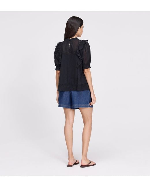 Finery London Black Jolin Lace Cotton Puff Sleeve Top