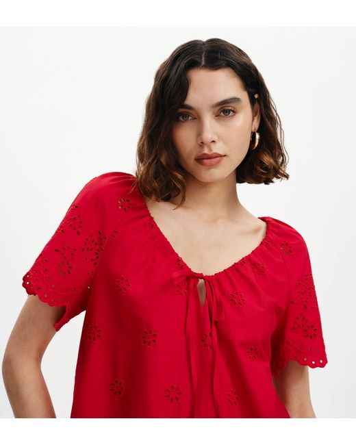 Finery London Red Ruthie Floral Broderie Cotton Tie Neck Top