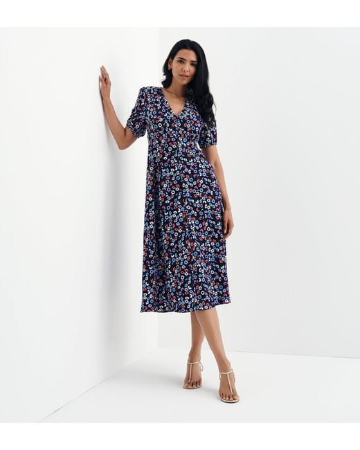 Finery London Blue Robyn Button Through V-Neck Midi Dress