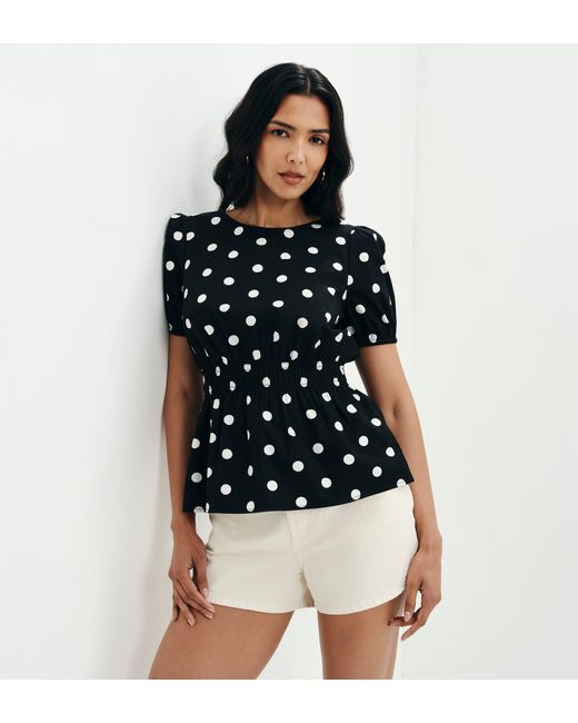 Finery London Blue Raya Polka Dot Cotton Puff Sleeve Elasticated Waist Top