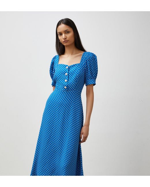 Finery London Blue Talise Polka Dot Print Midi Dress