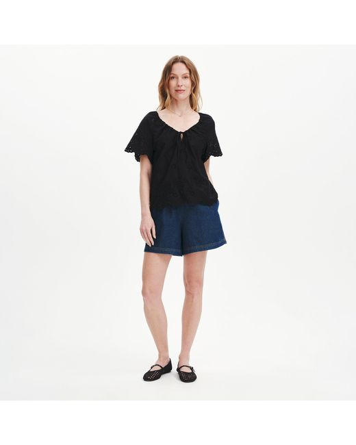 Finery London Black Ruthie Floral Embroidered Cotton Tie Neck Top