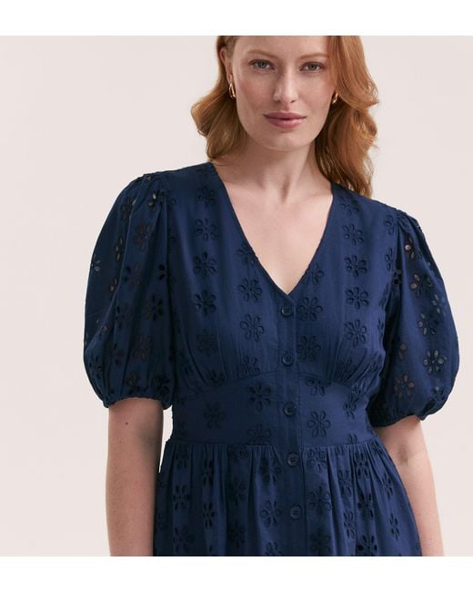 Finery London Blue Una Embroidered Cotton Midi Tea Dress