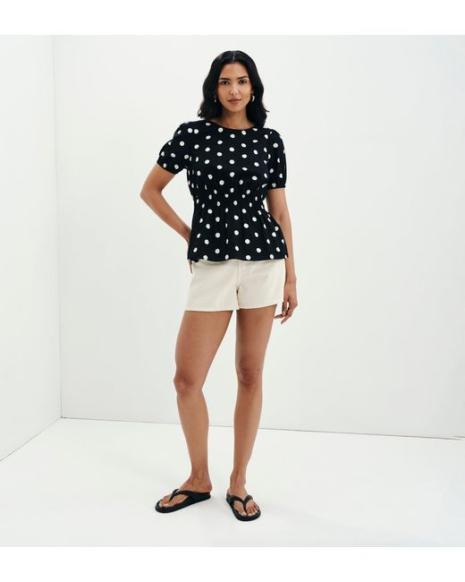 Finery London Blue Raya Polka Dot Cotton Puff Sleeve Elasticated Waist Top