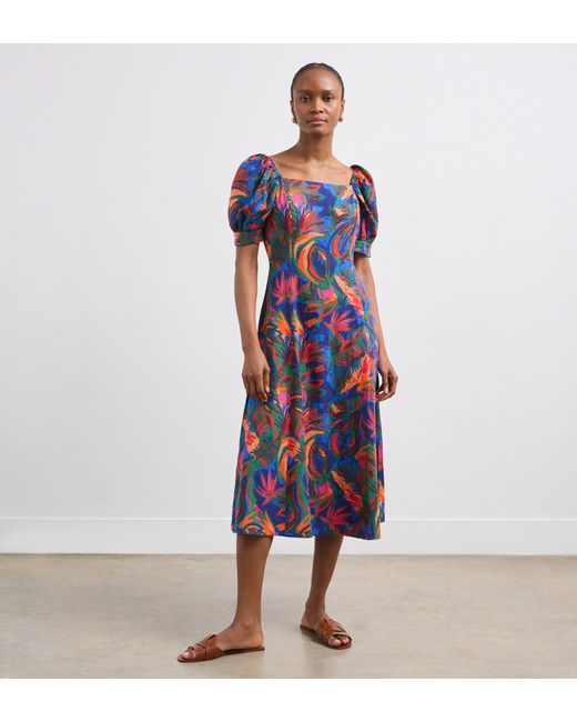 Finery London Blue Daisy Linen Blend Midi Dress