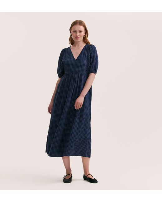 Finery London Blue Chloe Gingham Seersucker Midi Dress