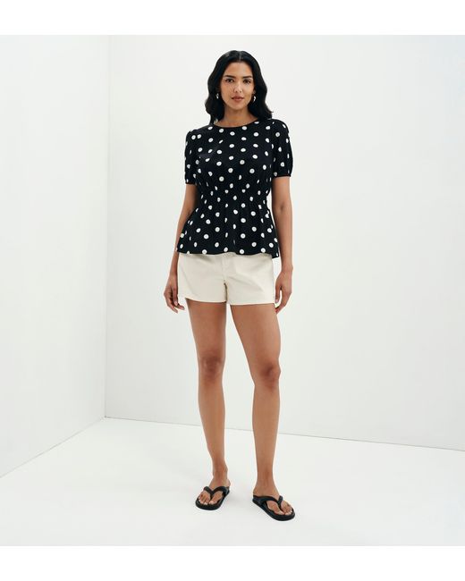 Finery London Blue Raya Polka Dot Cotton Puff Sleeve Elasticated Waist Top