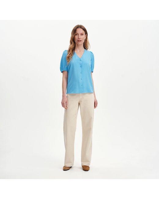 Finery London Blue Fleur Polka Dot Puff Sleeve Button-Through Top