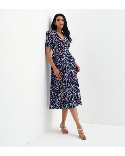 Finery London Blue Robyn Button Through V-Neck Midi Dress
