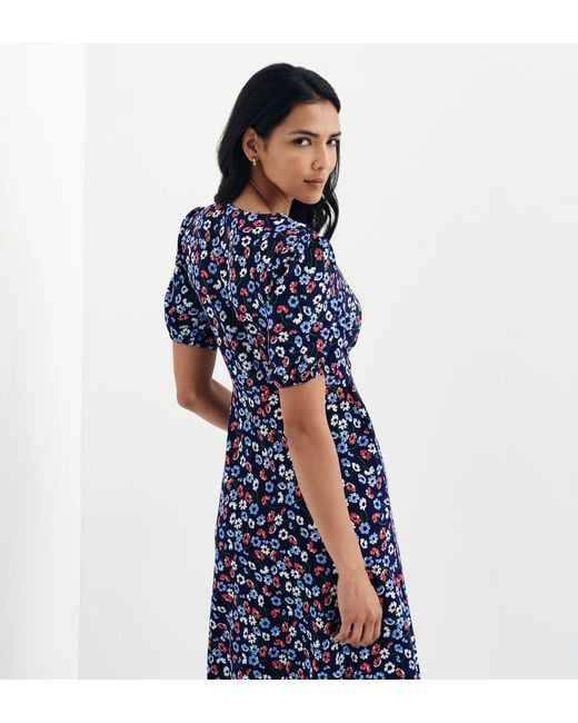Finery London Blue Robyn Button Through V-Neck Midi Dress