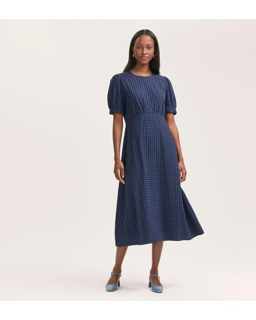Finery London Blue Mela Gingham Seersucker Midi Dress