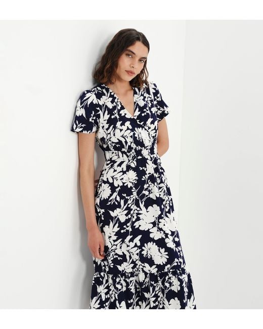 Finery London Blue Deena Wrap Tiered Midi Dress