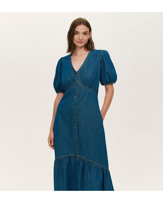 Finery London Blue Goldie Denim Midi Dress