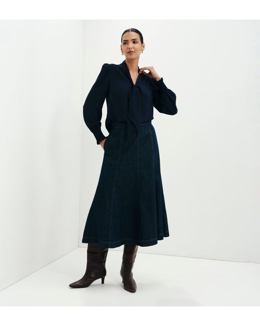 Finery London Blue Mavis Pussy Bow Button-Through Blouse