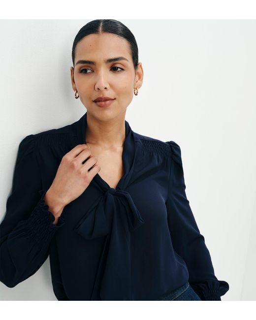 Finery London Blue Mavis Pussy Bow Button-Through Blouse