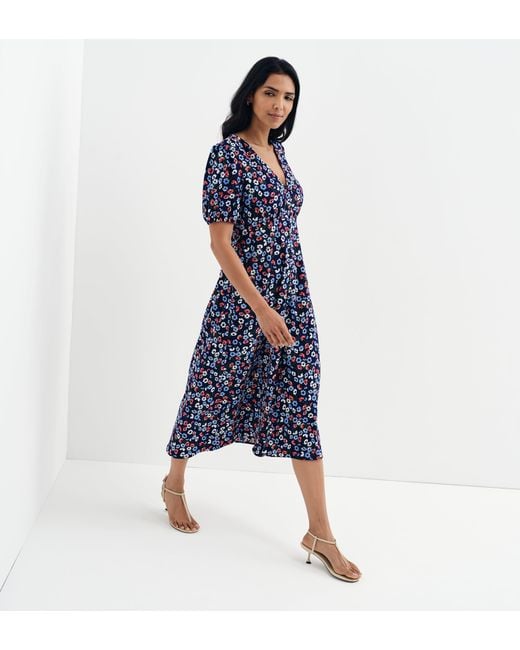 Finery London Blue Robyn Button Through V-Neck Midi Dress