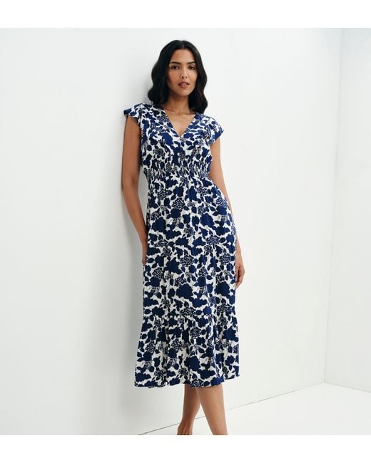 Finery London Blue Mattie Frill Sleeve Empire Waist Tiered Midi Dress