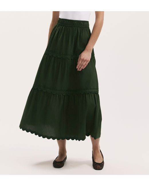 Finery London Green Paula Cotton Ric Rac Trim Midi Skirt