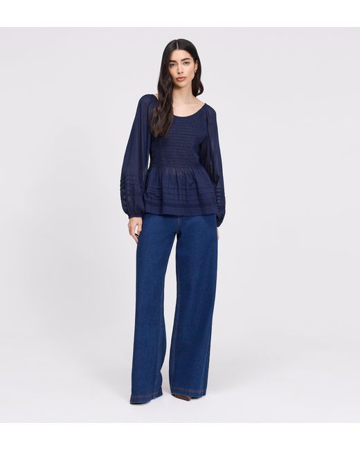 Finery London Blue Jennie Cotton Lace Blouson Sleeve Top
