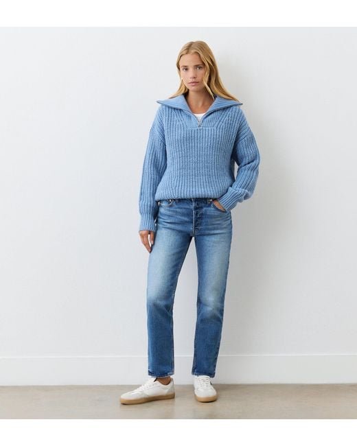 Finery London Blue Wilma Denim Half Zip Funnel Neck Jumper