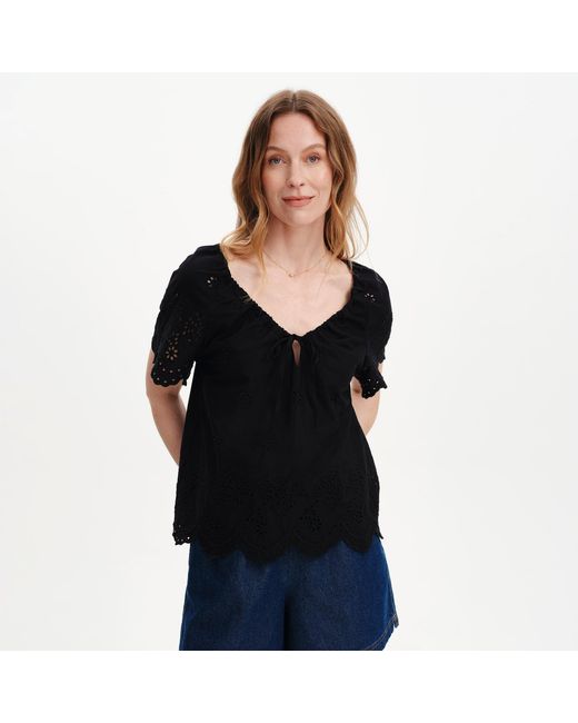 Finery London Black Ruthie Floral Embroidered Cotton Tie Neck Top