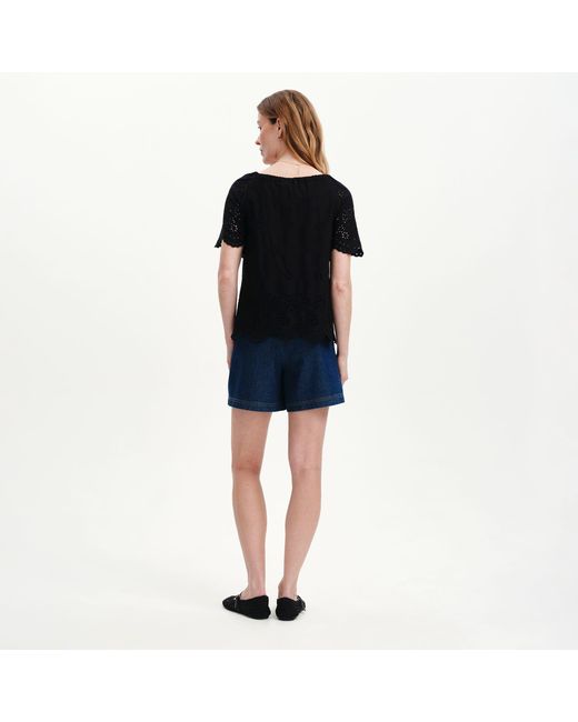 Finery London Black Ruthie Floral Embroidered Cotton Tie Neck Top