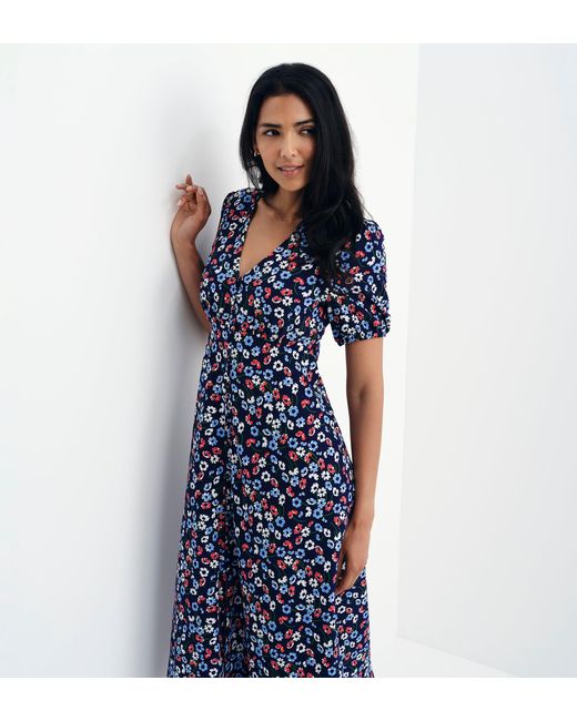 Finery London Blue Robyn Button Through V-Neck Midi Dress