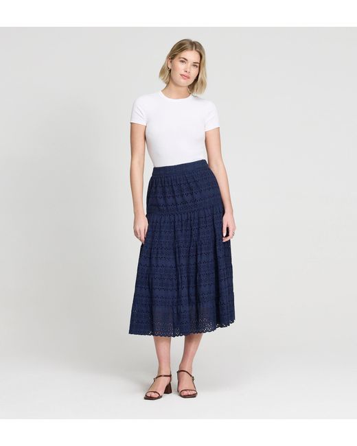 Finery London Blue Siobhan Cotton Broderie Tiered Midi Skirt