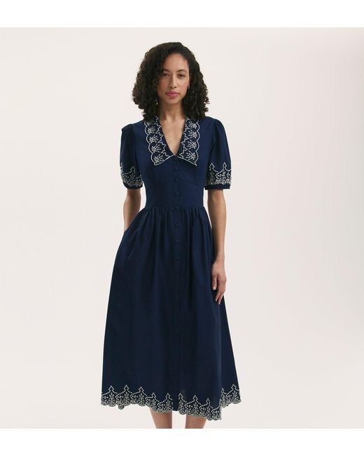 Finery London Blue Arianna Embroidered Cotton Midi Dress
