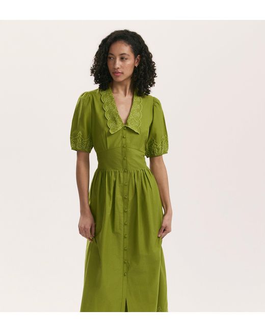 Finery London Green Arianna Embroidered Cotton Midi Dress