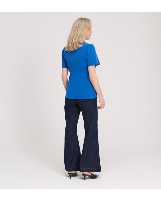 Finery London Blue Maryam Button Up V-Neck Short Sleeve Top
