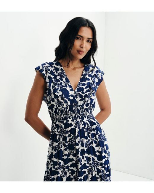 Finery London Blue Mattie Frill Sleeve Empire Waist Tiered Midi Dress